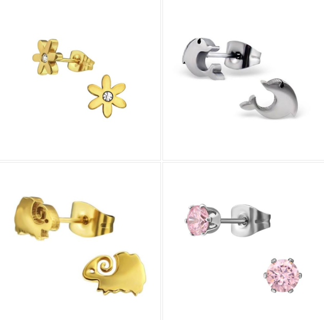 Children's Earrings: Surgical Steel (2) and Surgical Steel with Gold IP (2) Set 6