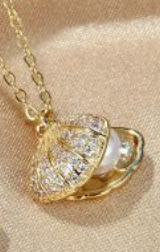 Children's, Teens' and Mothers' Necklace:  Surgical Steel with Gold IP, Clear CZ Shell with Pearl, Locket Necklace