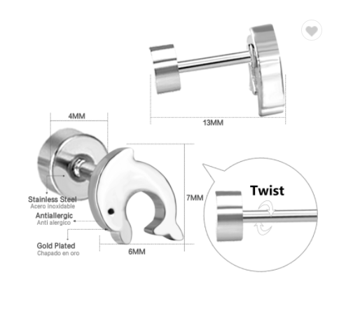Children's Earrings: Surgical Steel Dolphins with Screw Backs Age 3 - Teens