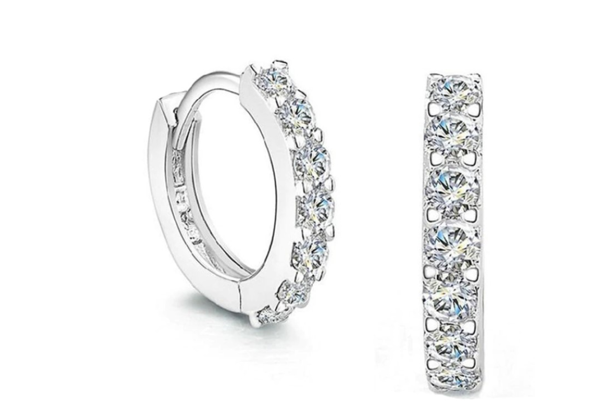 Children's, Teens' and Mothers' Earrings:  Sterling Silver Single Row CZ Huggie Hoops