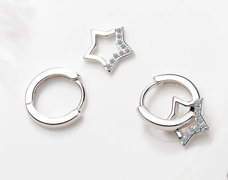 Children's, Teens' and Mothers' Earrings:  Sterling Silver Hoops with Floating CZ Stars