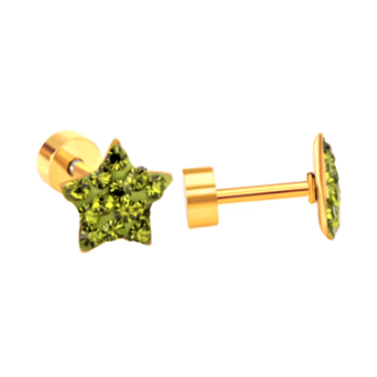 Children's Earrings: Surgical Steel, Gold IP, Green CZ Star Screw Back Earrings