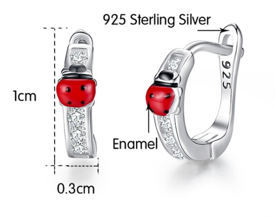 Children's Earrings:  Sterling Silver Huggie Hoops with CZ and Ladybugs Ages 1 - 6