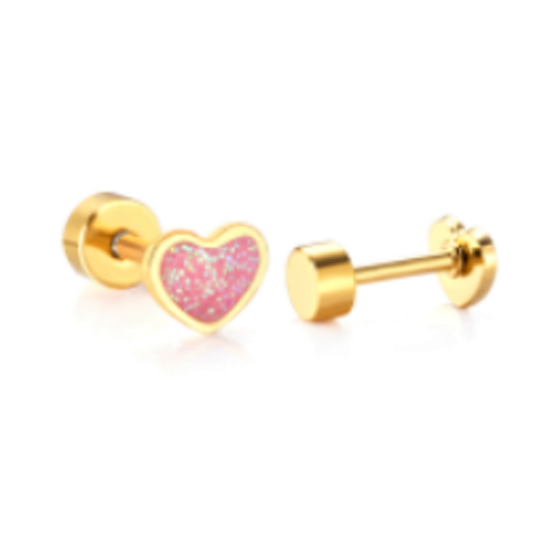 Baby Heart Screw Back Earrings - Surgical Steel Pink Glitter