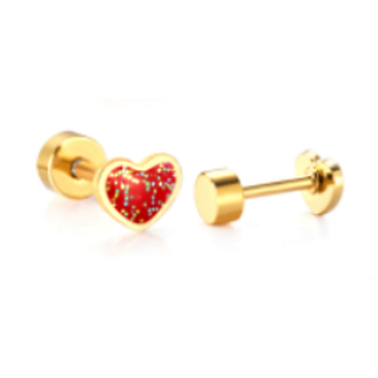 Baby Heart Screw Back Earrings - Surgical Steel Red Glitter