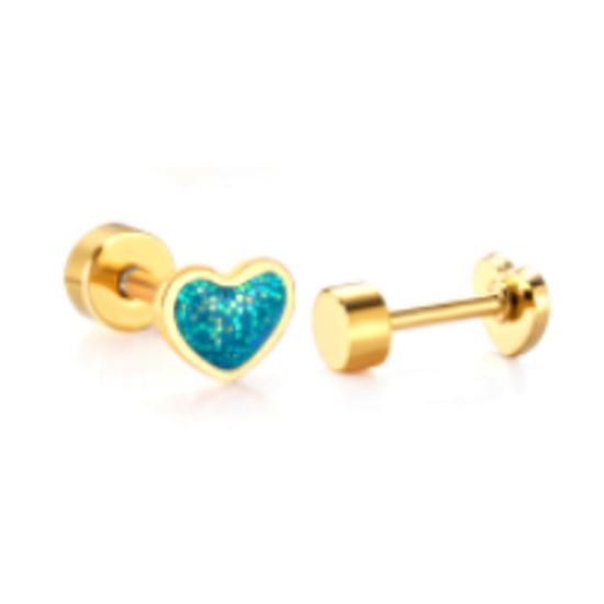 Baby Heart Screw Back Earrings - Surgical Steel Blue Glitter