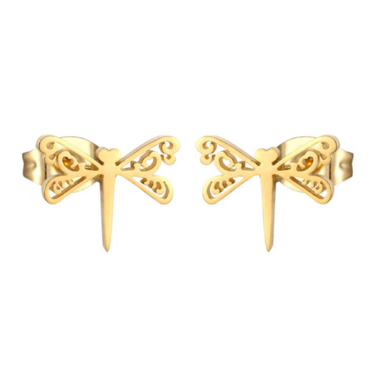 Children's and Teens' Earrings:  Surgical Steel, Gold IP Dragonfly Earrings Age 8 - Adult