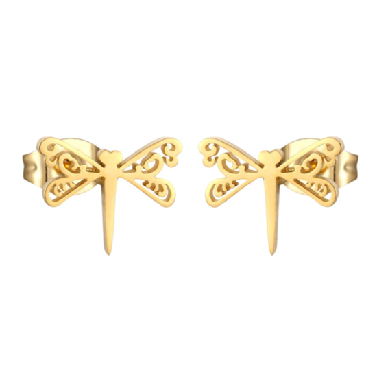 Children's and Teens' Earrings:  Surgical Steel, Gold IP Dragonfly Earrings Age 8 - Adult