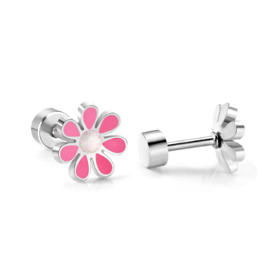 Children's Earrings:  Surgical Steel Pink/White Flowers with Screw Backs with Gift Box