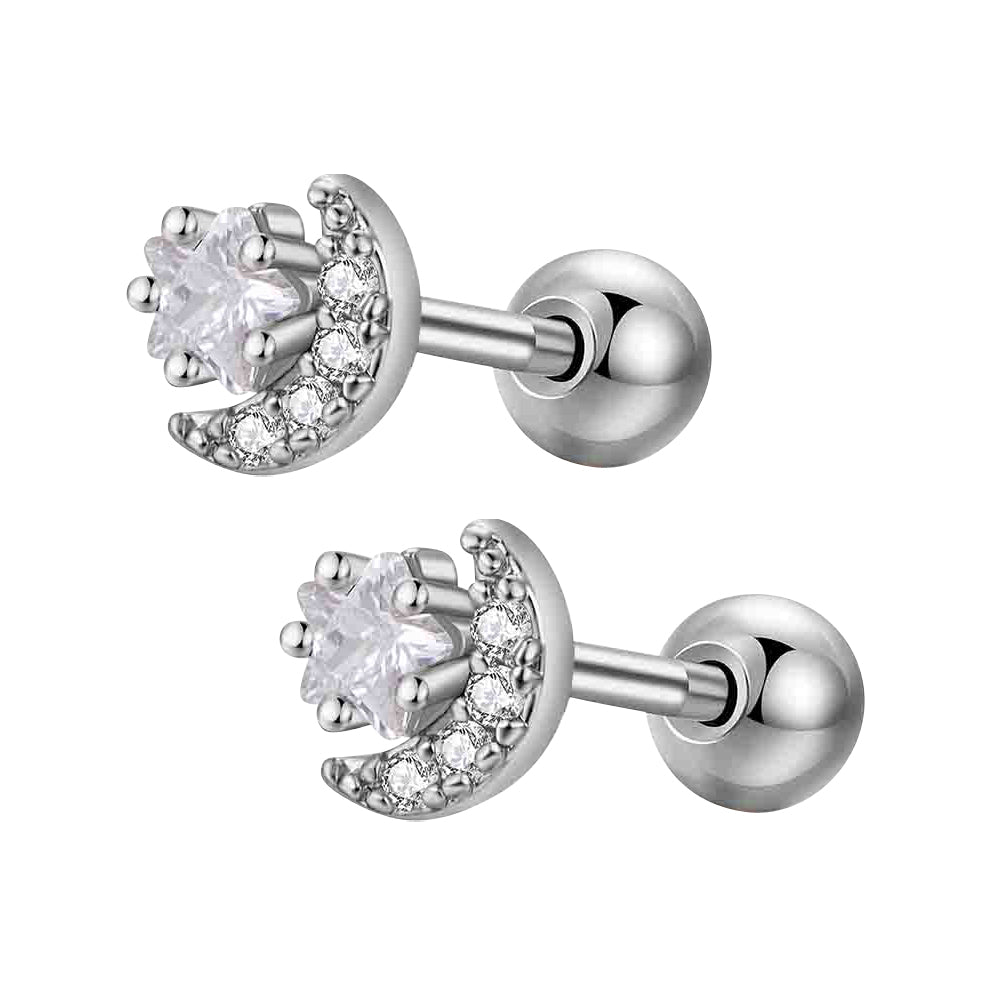 Children's Earrings: Surgical Steel, Clear CZ, Moon and Stars Reversible Earrings with Screw Backs