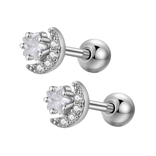 Children's Earrings: Surgical Steel, Clear CZ, Moon and Stars Reversible Earrings with Screw Backs