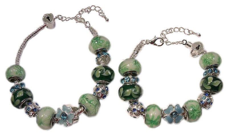 Mothers' Bracelets: European Style Bracelets with Blue, Green and White Lampwork Beads