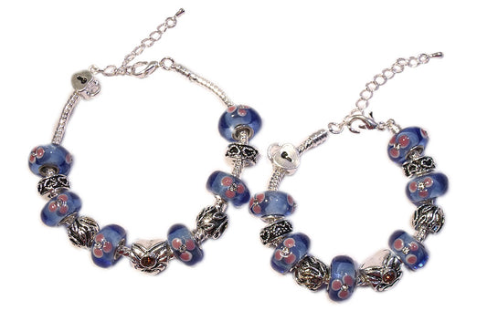 Mothers' Bracelets: European Style Bracelets with Blue and Pink Lampwork Beads