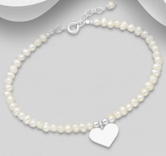 Children's and Teens' Bracelets: Sterling Silver, White, Freshwater Pearl Bracelets with Engravable Heart Charm and Gift Box