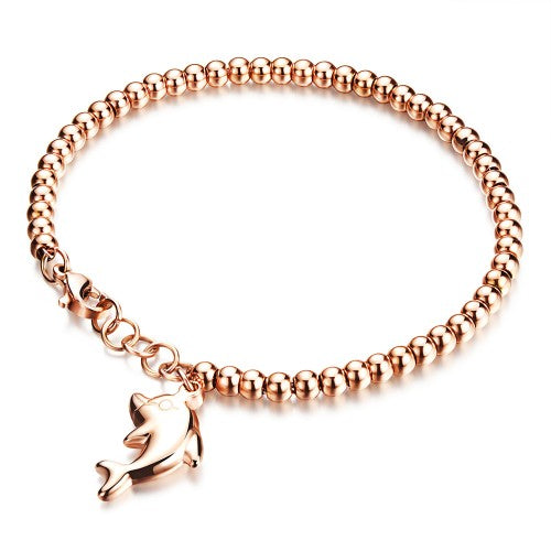 Children's/Teens'/Mothers' Bracelets/Anklets: Titanium Ball Bracelet, Rose Gold IP, with Dolphin, with Gift Box