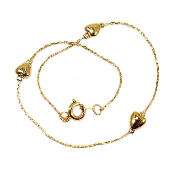 Delicate gold plated children's anklet with tiny heart charms - 21.5cm girls jewellery ages 4-10