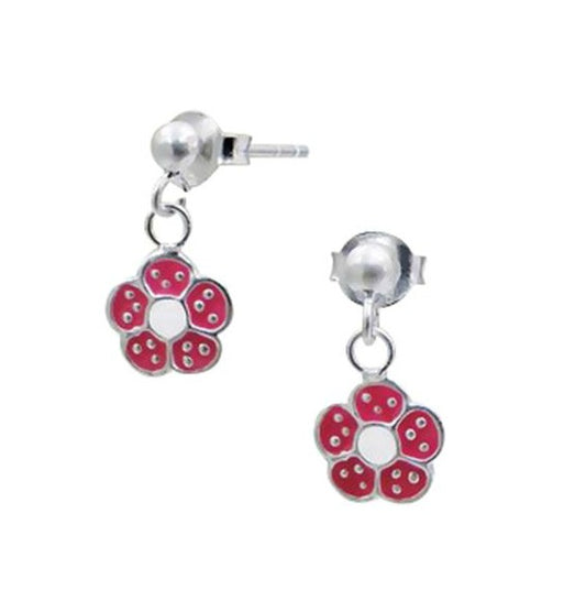 Children's Earrings:  Sterling Silver Pink Dangly Flower Earrings