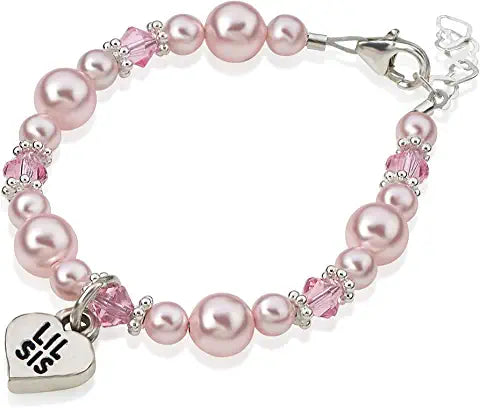 Children's Bracelets:  Sterling Silver, Swarovski Pink Pearl and Crystal Lil Sis Heart Charm Medium Size Age 2.5 - 6