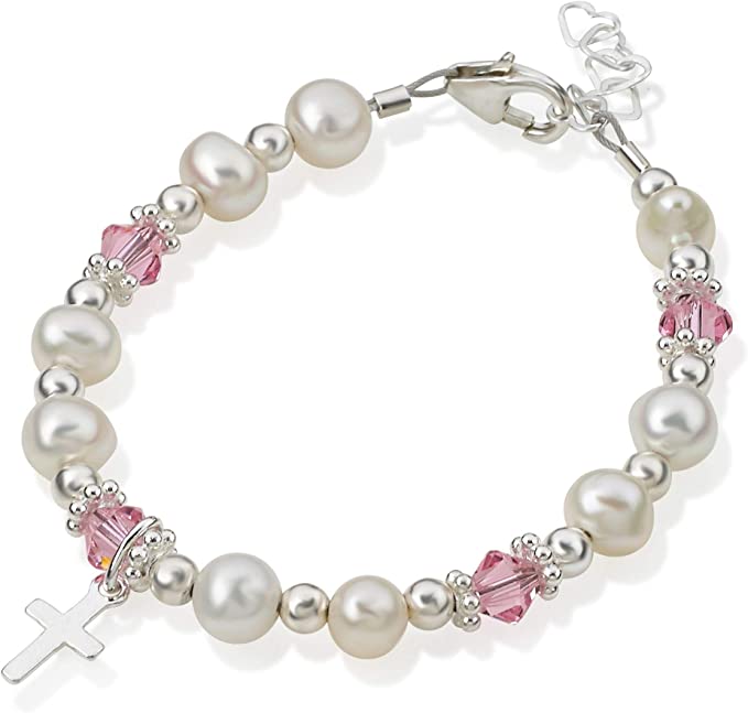 Baby Bracelets: Sterling Silver, Cultured Freshwater Pearls with Cross - Small (0-9 months)