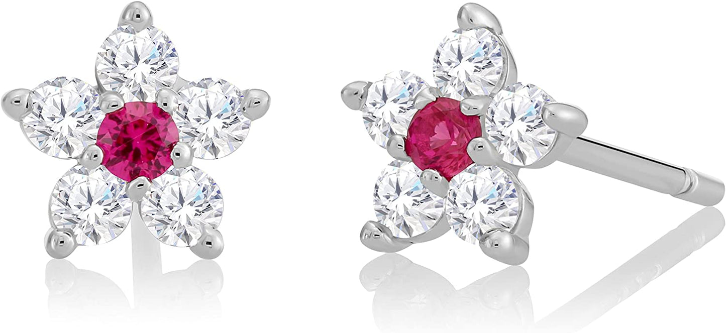 Children's Earrings: Sterling Silver Clear CZ Flowers with Ruby Centres