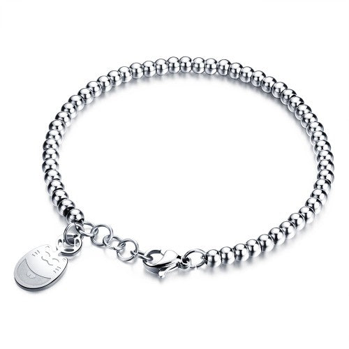 Children's/Teens'/Mothers' Bracelets/Anklets: Titanium Ball Bracelet, Rose Gold IP, with Disc Engraved with Cat, with Gift Box