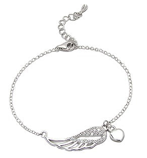 Children's and Teens Bracelets: Sterling Silver CZ Encrusted Angel-Wing Children's Bracelets with Heart Charm
