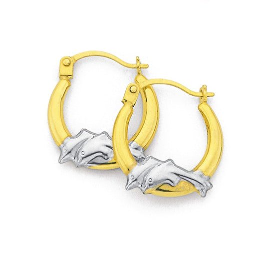A pair of 9k yellow and white gold hoop earrings with dolphin designs, suitable for children aged 3-10, displayed against a white background.
