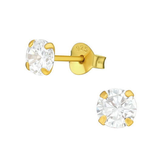 Teens' and Children's Earrings: Surgical Steel with Gold IP, Clear AAA CZ Studs 5mm