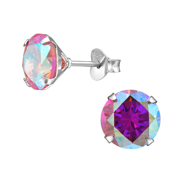 Mothers' and Teens' Earrings: Sterling Silver Pink Aurora Borealis CZ Studs 8mm