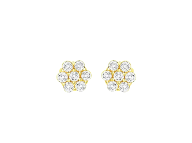 Children's Earrings:  14k Gold Clear Clustered AAA CZ Flowers with Screw Backs and Gift Box Age 1 - Teens