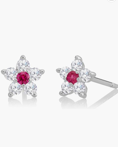 Children's Earrings: Sterling Silver Clear CZ Flowers with Ruby Centres