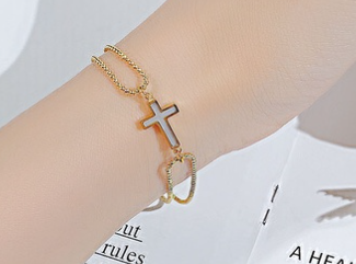 Children's, Teens' and Mothers' Bracelets: Steel with 14k Gold IP Abalone Shell Inlaid Cross Bracelet