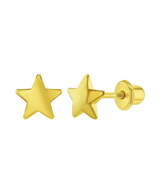 Children's Earrings:  14k Gold Polished Stars with Screw Back Earrings and Gift Box Ages 1 - 12