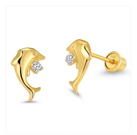 Children s Earrings 14k gold Dolphin CZ Screw Back Earrings with Gift Box