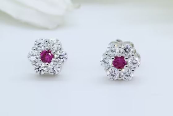Baby and Children's Earrings:  Sterling Silver Clustered Clear/Ruby CZ Flowers with Screw Backs