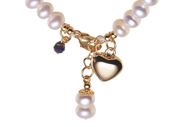 Children's Bracelets:  14k Gold IP Steel Freshwater Pearl Bracelets with Heart and Gift Box Age 5 - Teens