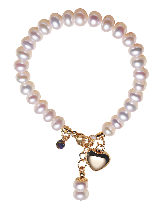 Children's Bracelets:  14k Gold IP Steel Freshwater Pearl Bracelets with Heart and Gift Box Age 5 - Teens