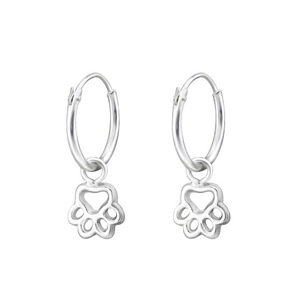 Children's sterling silver sleeper earrings with paw print charm and rainbow CZ crystals.