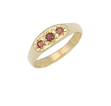 Children's rings featuring a 9k gold band and three garnet gemstones in a Victorian-style design.