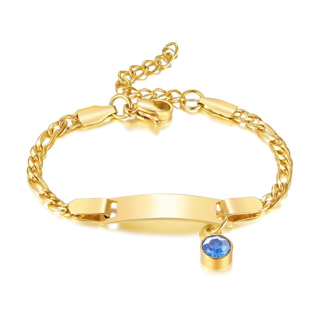 Baby and Children's Bracelets:  Steel with Gold IP Engravable Bracelets with Blue CZ Charm - Age 3 Months to 5 Years