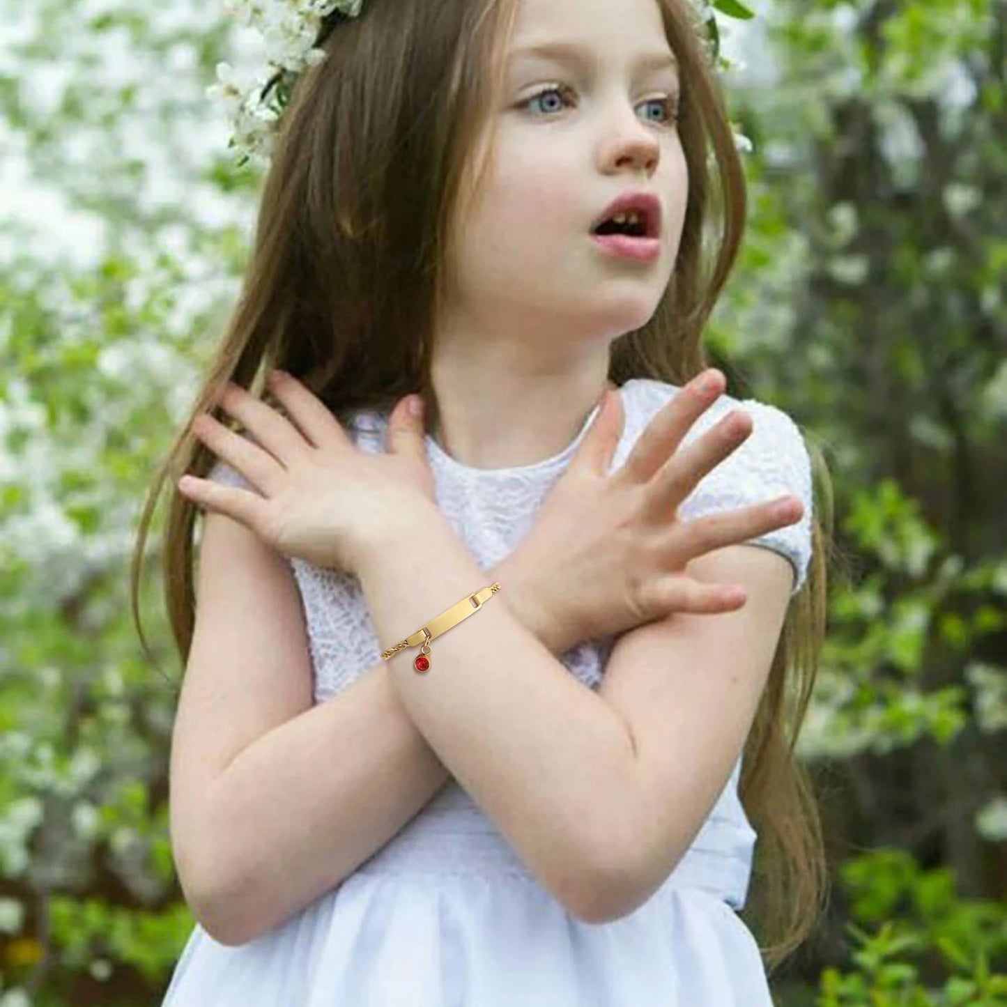 Baby and Children's Bracelets:  Steel with Gold IP Engravable Bracelets with Blue CZ Charm - Age 3 Months to 5 Years