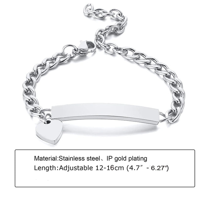 Baby and Children's Bracelets:  Steel Engravable Bracelets with Heart Charm Age 3 Months to 5 Years