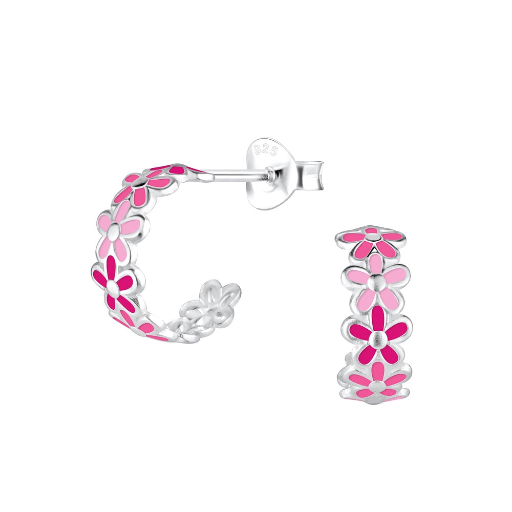 Children's Earrings:  Sterling Silver Two Tone Pink Flower Half Hoops