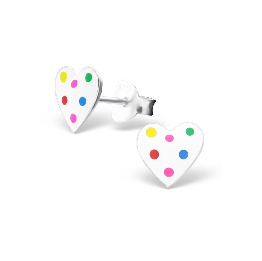 Children's Earrings: Sterling Silver White, Dotty Hearts