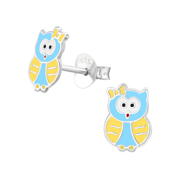 Children's Earrings: Sterling Silver Yellow and Blue Owls