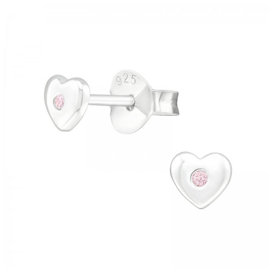 Baby Earrings:  Sterling Silver Hearts with Central Pink CZ - Newborn - 18 months
