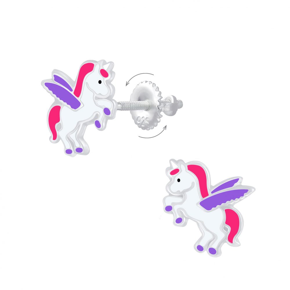 Childrens Earrings: Sterling Silver Enamelled Pegasus Unicorn Earrings with Screw Backs