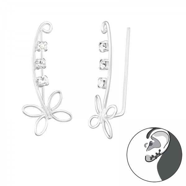 Ear climber earrings in sterling silver featuring a butterfly design and cubic zirconia for modern elegance.
