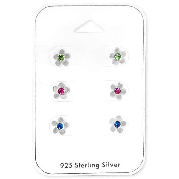 Flower earrings set featuring three pairs of 925 sterling silver earrings with green, pink, and blue cubic zirconia.