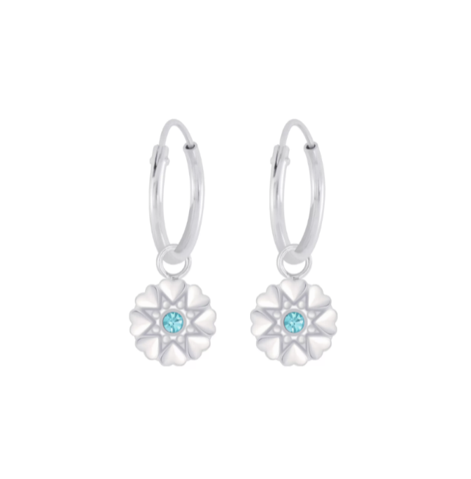 Flower hoop earrings in 925 sterling silver with aqua CZ flower charms for a delicate floral touch.